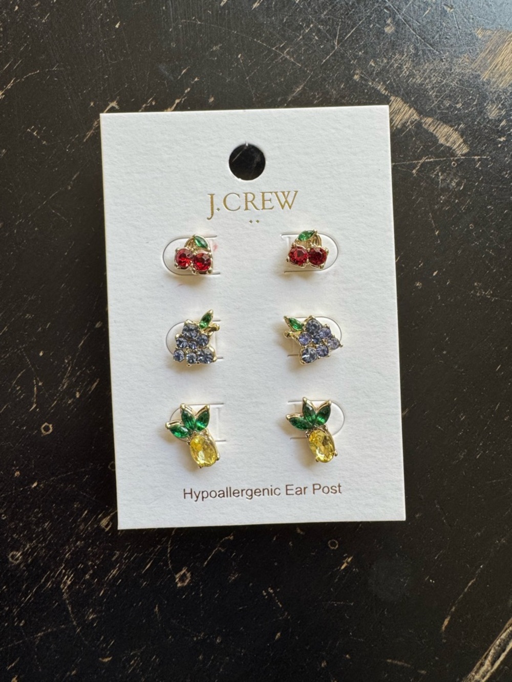 New J.Crew Fruit Trio Stud Earring Set - Red, Purple, Yellow with green leaves